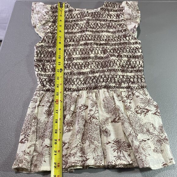 MINE Anthropologie Blouse Smocked Peplum Flutter Sleeve Womens S Cream Brown - Picture 8 of 13